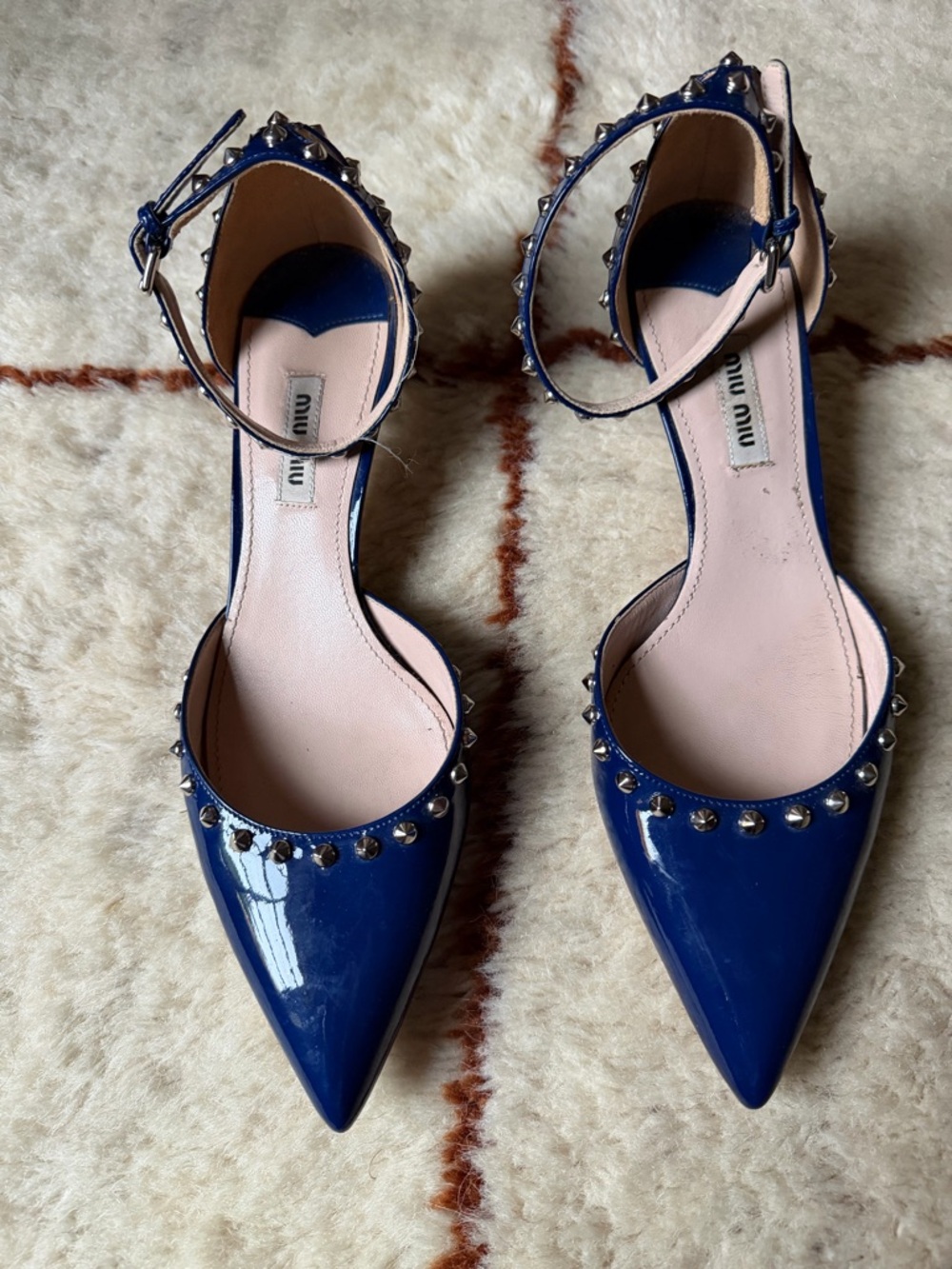 Vintage Miu Miu Blue Patent Leather Kitten Heel Studded Shoe Pump Sandal 38.5 - Picture 10 of 12